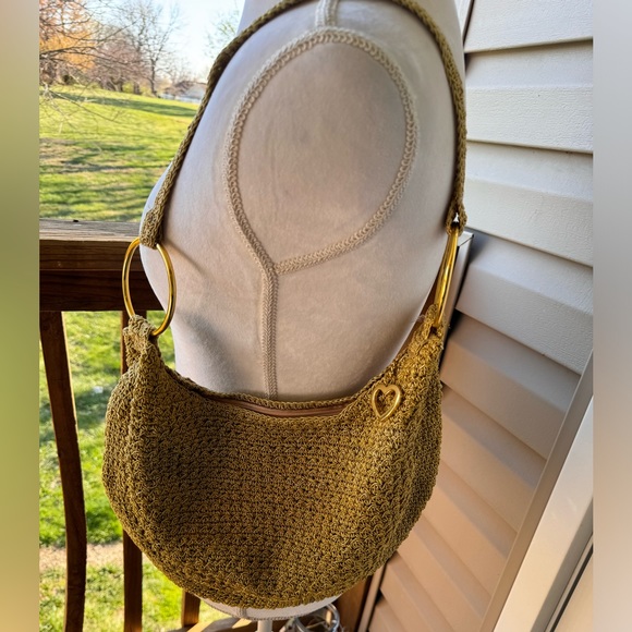 Y2K Gold Tone Mesh Purse Zip Closure Woven Straw Heart Keychain - Picture 2 of 7